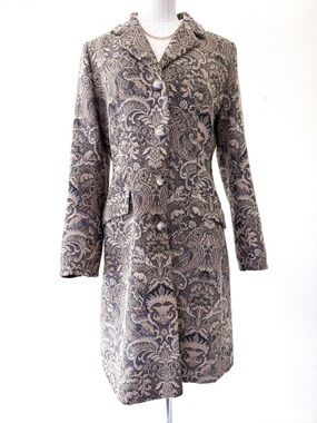 Vintage Charles Gray London Tapestry Floral Brocade Overcoat Jacket Tan Black S